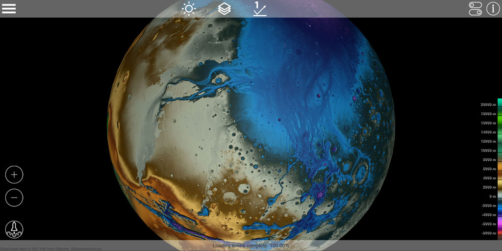 GlobeViewer Mars : रंग के रूप में ऊंचाई संरचना (0.5.0 से नया)