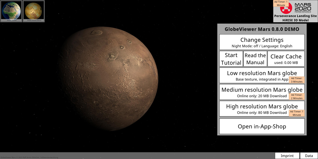 GlobeViewer Mars: القائمة الرئيسية في الإصدار 0.8.0 