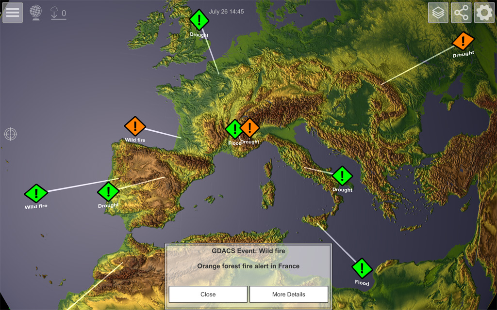 GlobeViewer - Globale Ansicht: Einblendungen von GDACS-Ereignissen