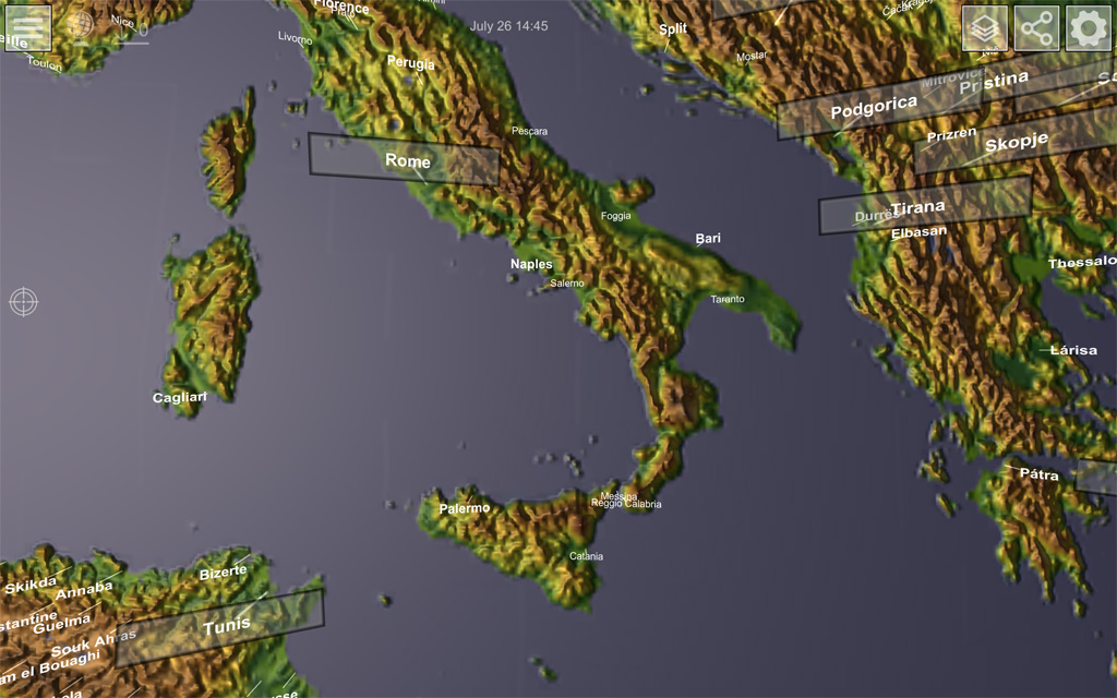 GlobeViewer - Global view: overlays of states and cities