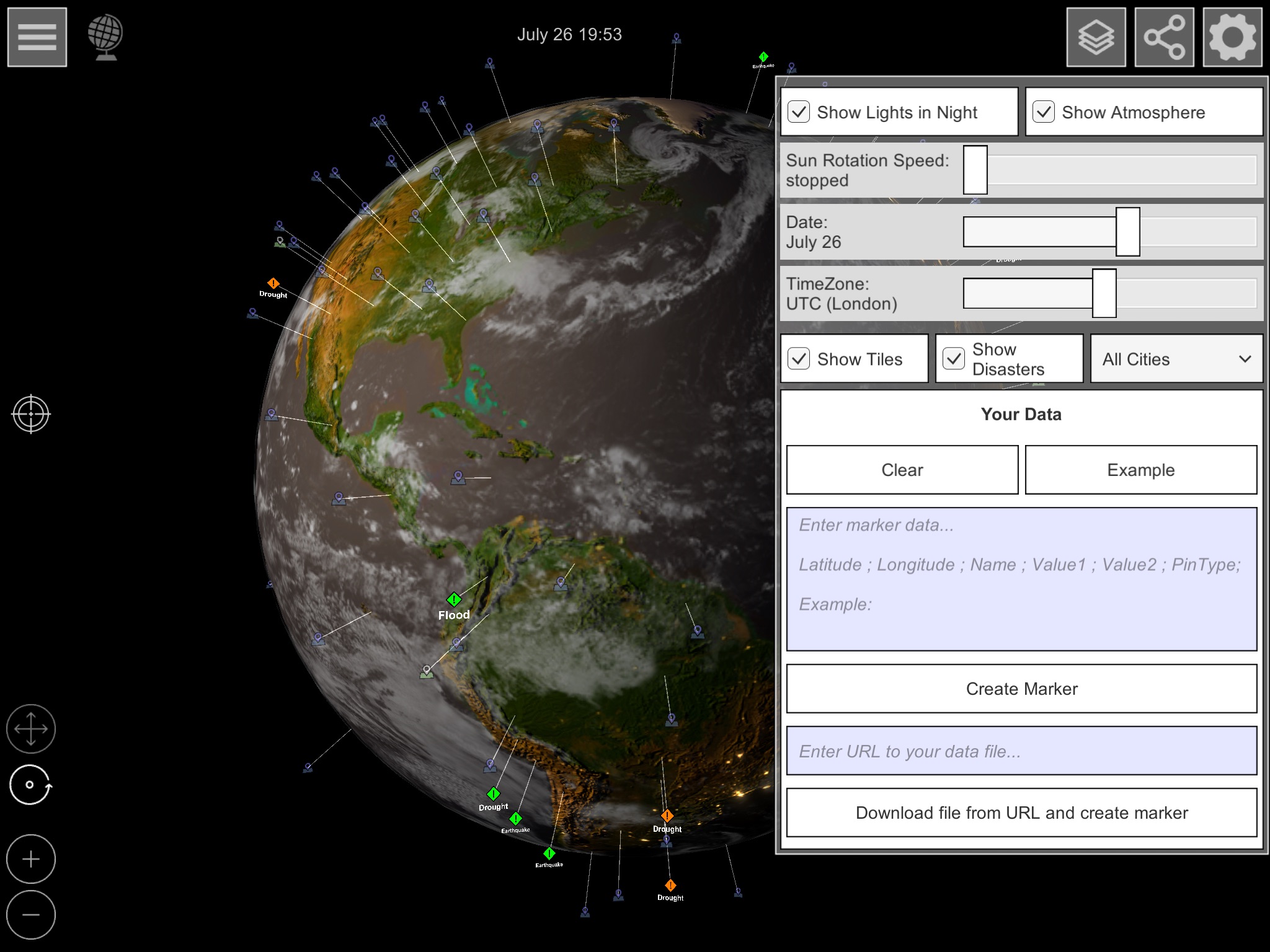 GlobeViewer: אפשרויות בתצוגת הגלובוס