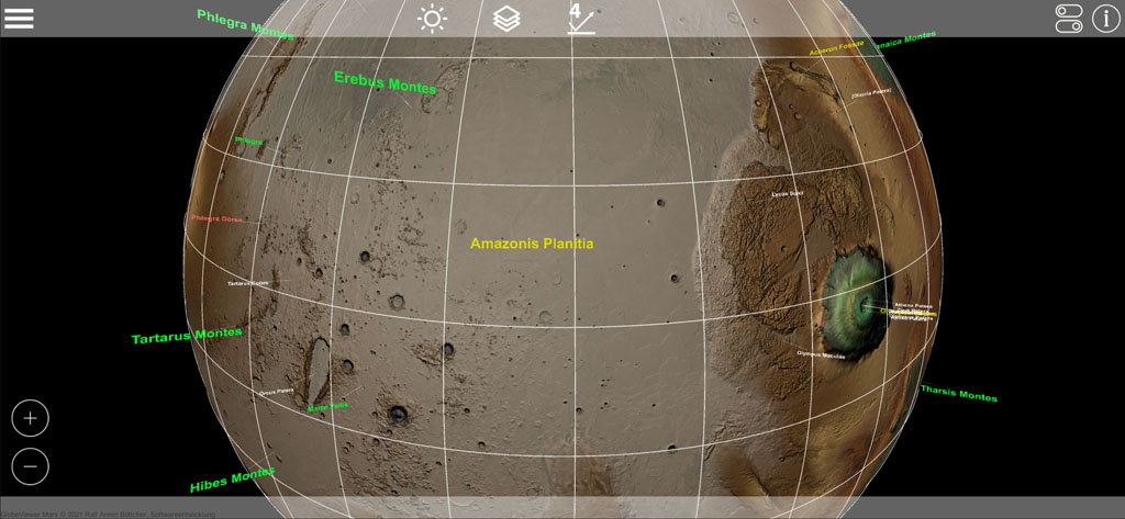 Globe Viewer Mars: Globale Ansicht mit kombinierter Textur und aktivem Koordinatengitter. Bezeichnungen aktiviert.