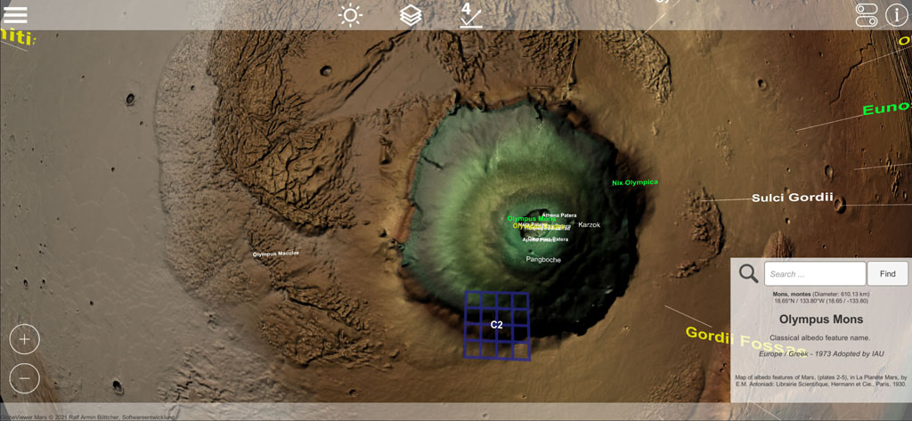 Globe Viewer Mars: Olympus Mons Info und Marker für 3D-Kachelmodus aktiv