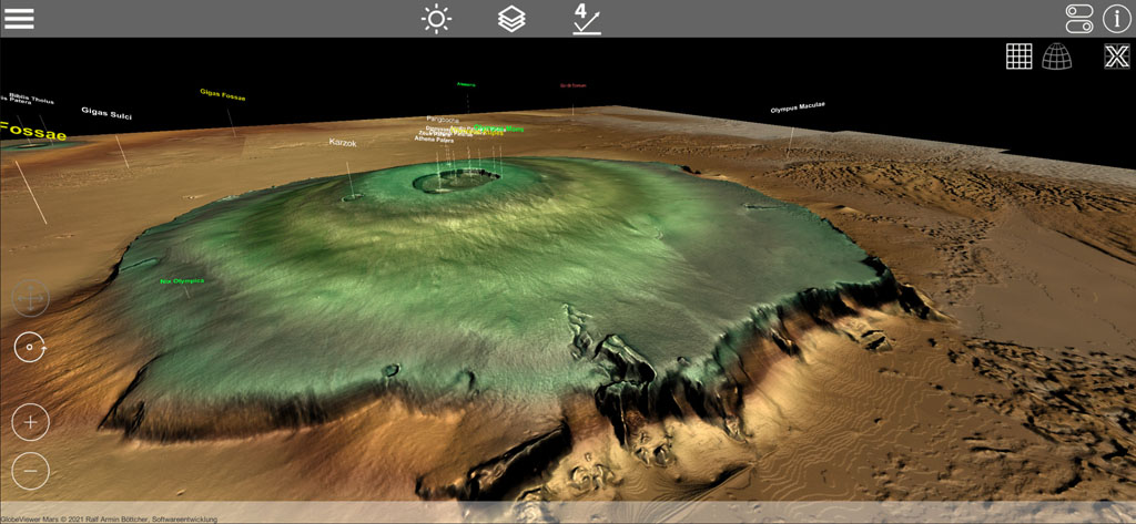 Globe Viewer Mars: 3D-Kachelmodus zeigt 3D-Modell der ausgewählten Demo-Region