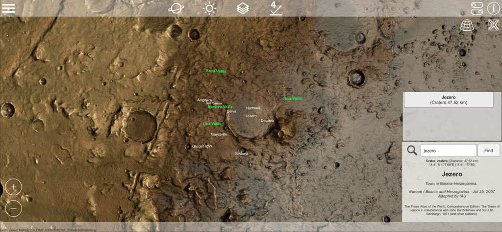 Globe Viewer Mars: Suchfunktion zeigt Landeplatz des Perseverance Rovers am Jezero-Krater