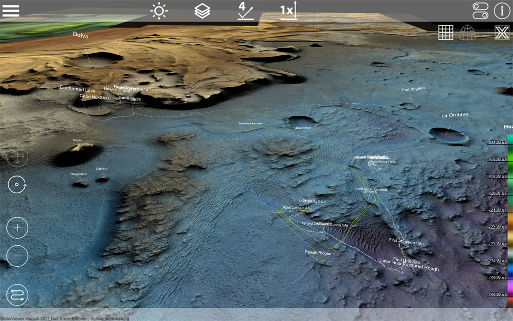 GlobeViewer Mars: M2020 map with rover and helicopter tracking
