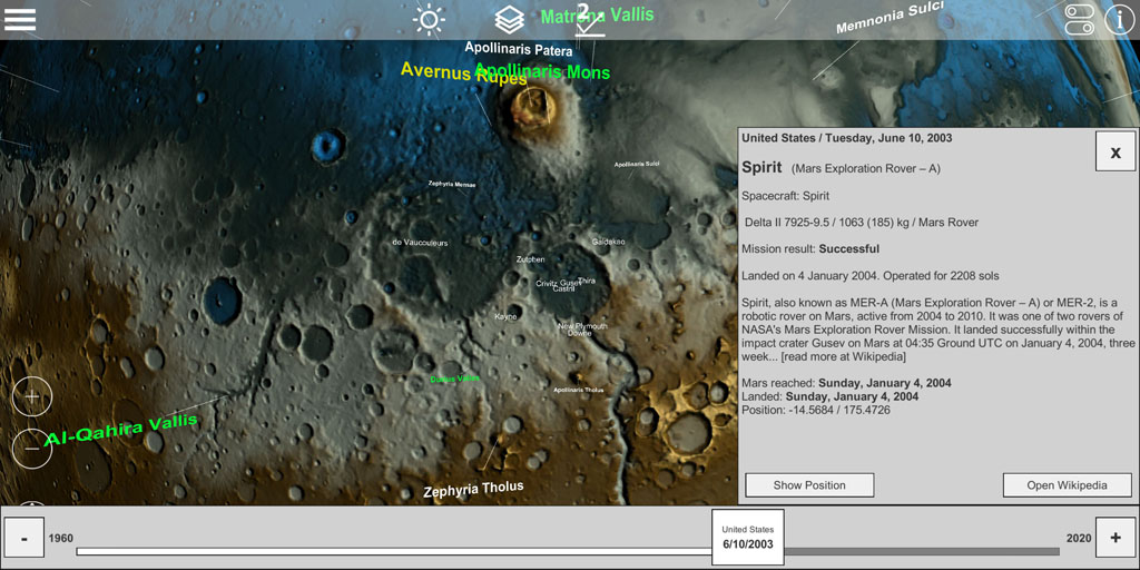 GlobeViewer Mars: registro delle missioni