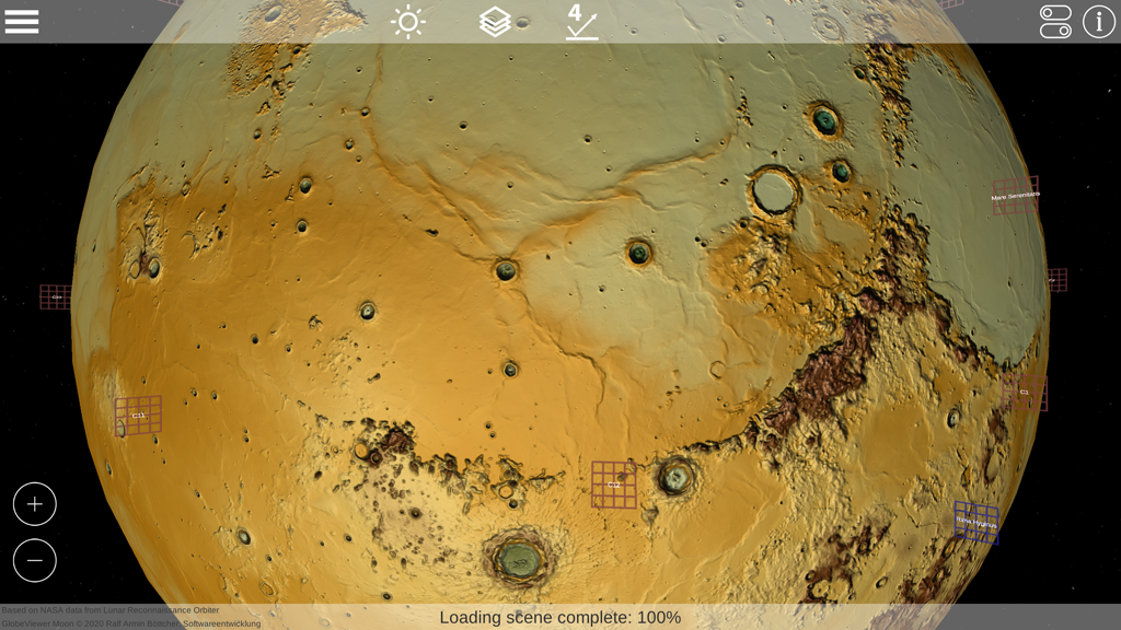 GlobeViewer Moon [iOS/Android/Mac/Win]: Globale Ansicht auf die Höhenkarte der Mondoberläche