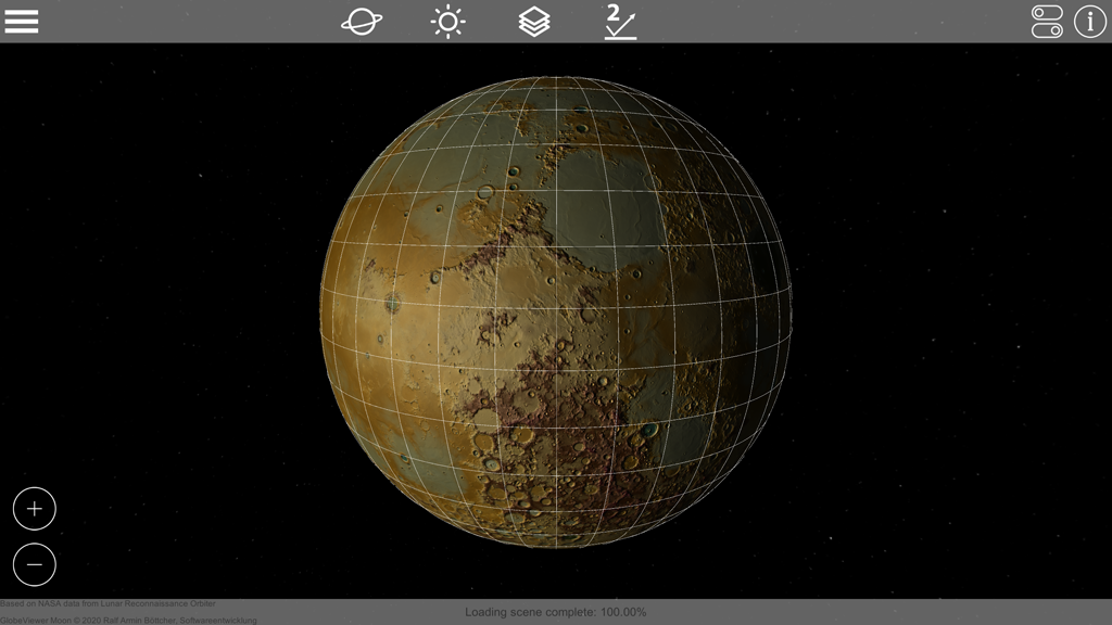 Globe Viewer Mond: Globale Ansicht (Höhenkarte) mit Raster und ohne Namen