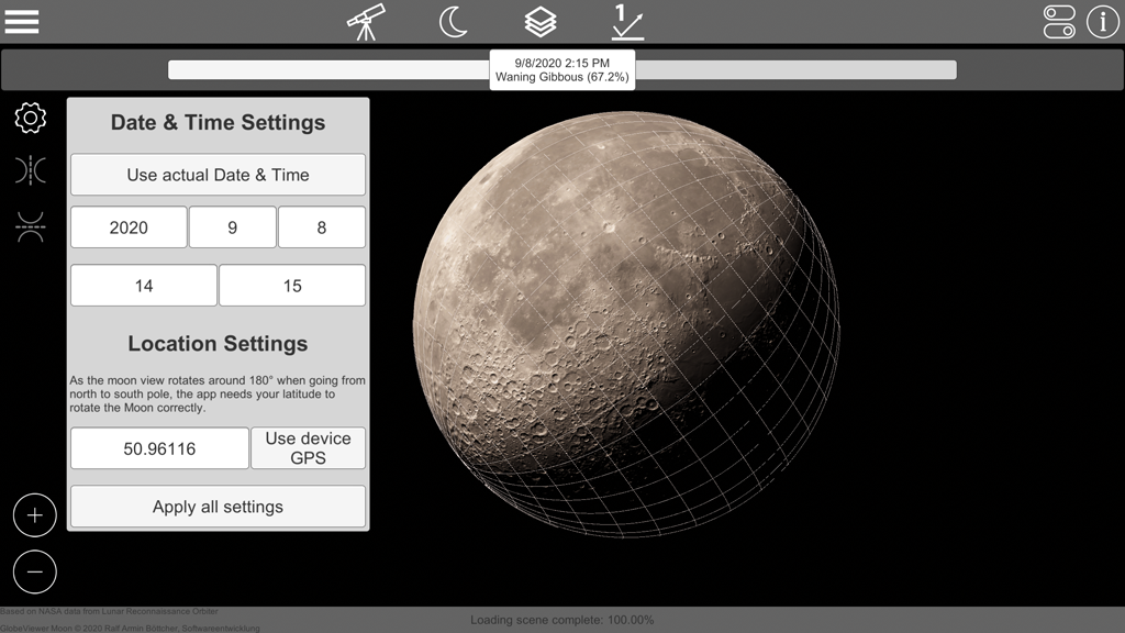Globe Viewer Moon: Globale Ansicht im Teleskopmodus und Raster. Datums- und Standorteinstellungen für eine korrekte Mondphasenberechnung