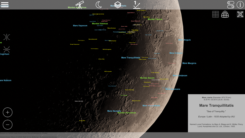 Globe Viewer Moon: Globale Teleskopansicht mit aktiven Merkmalsbezeichnungen und offenen Detailinformationen.