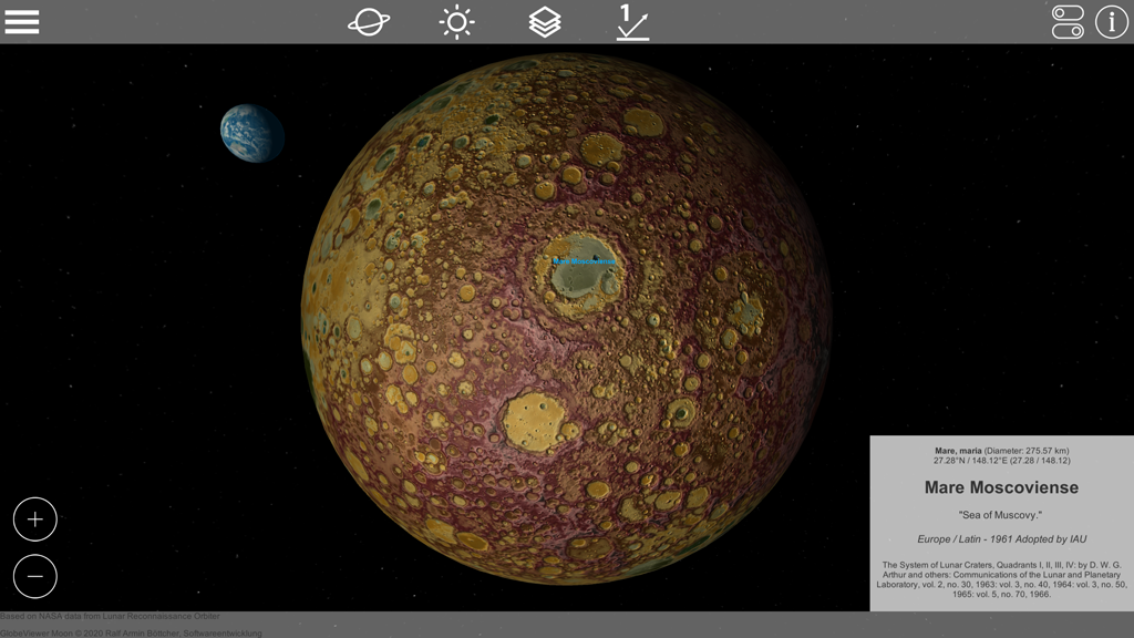 Globe Viewer Moon: Rotationsmodus mit Höhenkarte der Rückseite des Mondes.