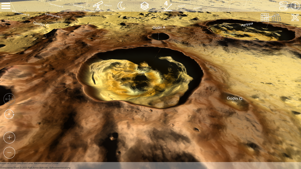 Globe Viewer Moon: Nahaufnahme in 3D-Kachelansicht des Godin-Kraters