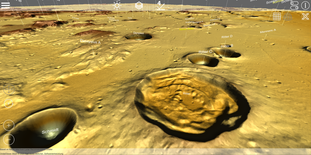GlobeViewer Moon: Nahe 3D Ansicht von Kratern