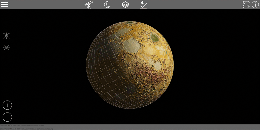 GlobeViewer Moon: Darstellungsvarianten in der Teleskopansicht