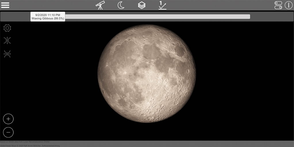 GlobeViewer Moon: وضع تلسكوب الإضاءة
