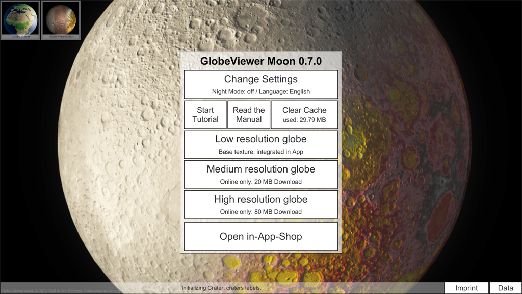 GlobeViewer Moon: Menu principal